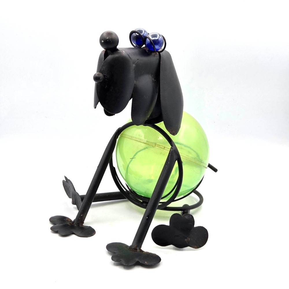 Rustic Metal Yard Art Dog Sculpture ‎ Neon Green Ball and Blue Eyes Steampunk